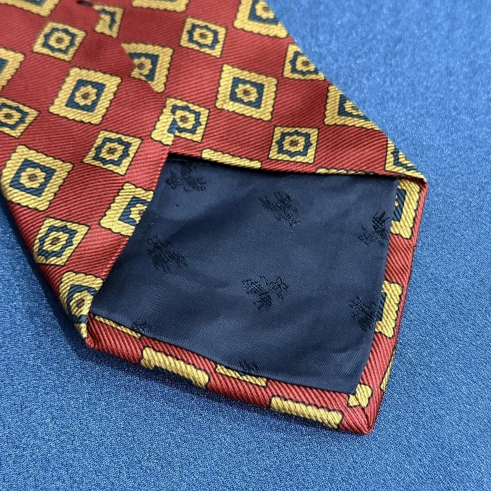 Brooks Brothers Makers Mens Silk Tie Red Gold Blue Geometric Made USA